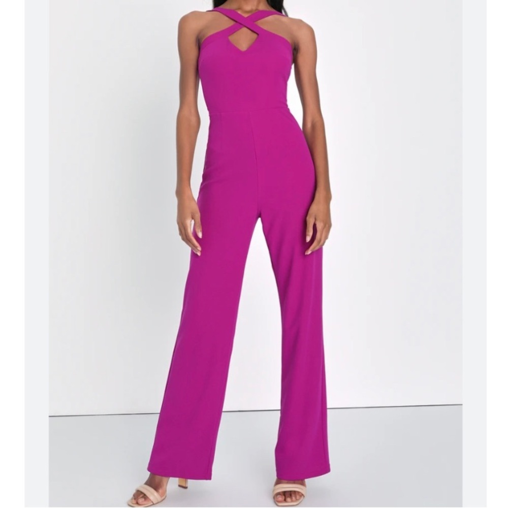 LULUS magenta purple criss cross halter jumpsuit